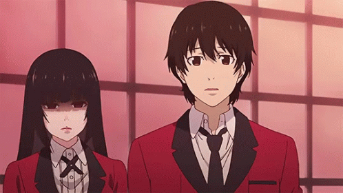 1boy, 2girls, animated, animated_gif, black_hair, empty_eyes, hime_cut, jabami_yumeko, kakegurui, lowres, multiple_girls, red_eyes, suzui_ryouta, tagme
