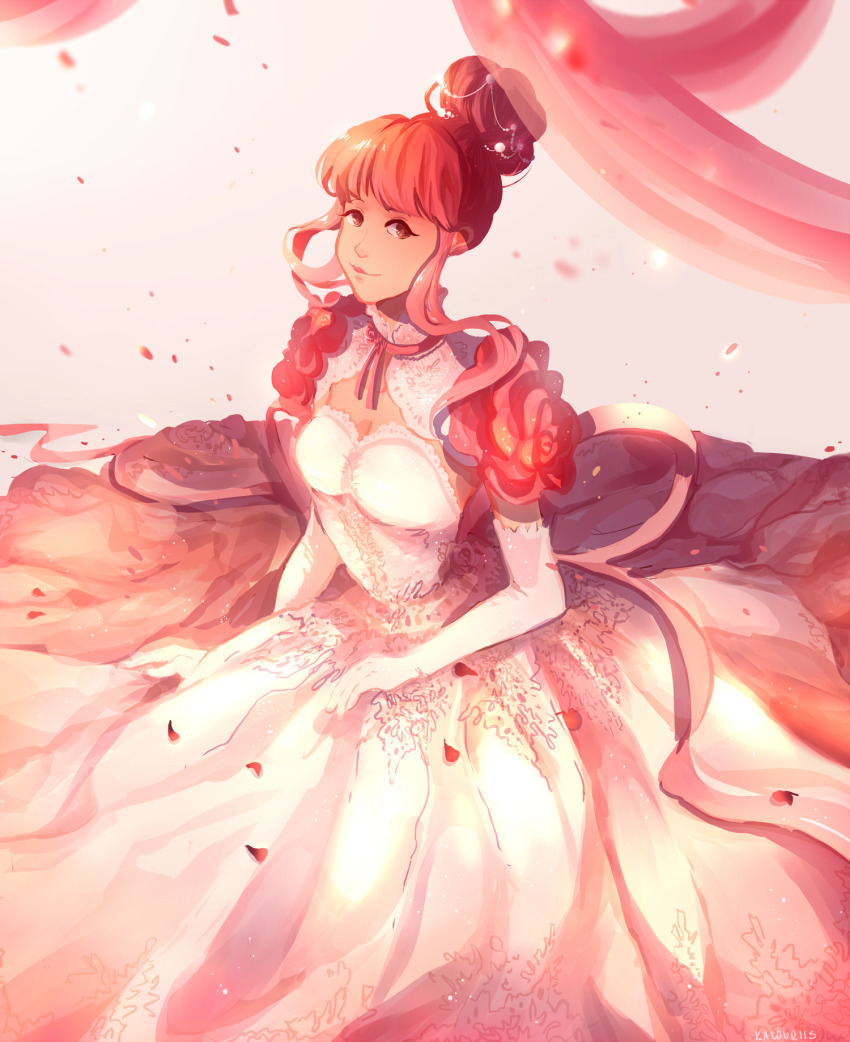 1girl, artist_name, blunt_bangs, breasts, brown_eyes, cleavage, dress, elbow_gloves