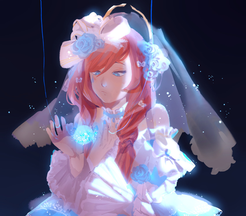 1girl, absurdres, alternate_costume, blue_eyes, blue_nails, bobo_(miracle_nikki), bow, dark_background