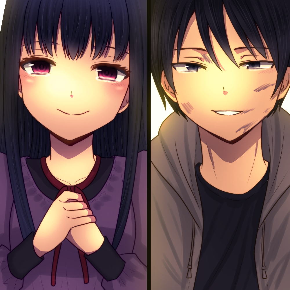 1boy, 1girl, aibi12634761, bad_id, bad_pixiv_id, black_eyes, black_hair, collarbone