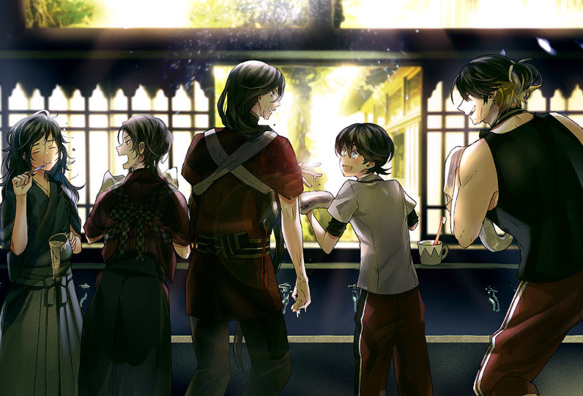 5boys, :d, black_hair, blonde_hair, blue_eyes, brown_hair, brushing_teeth, closed_eyes