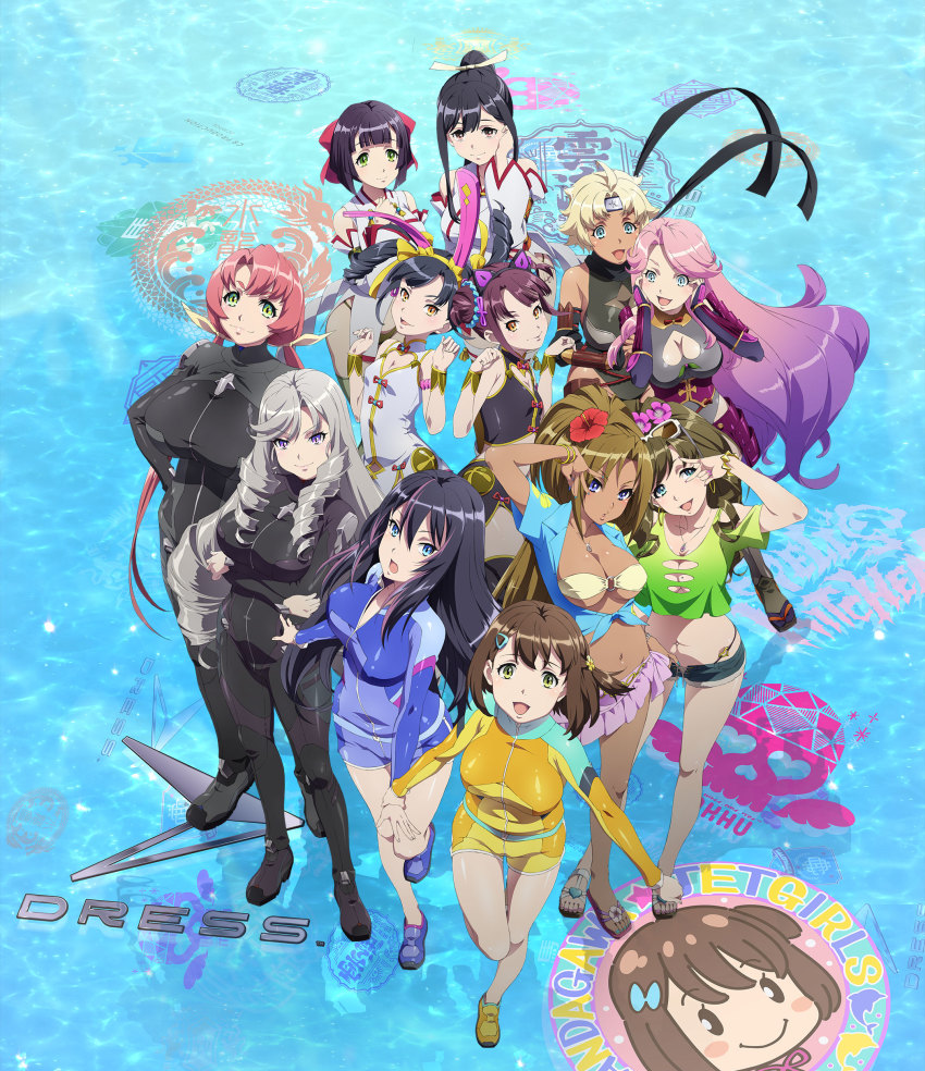 10s, 6+girls, absurdres, aoi_misa, aqua_eyes, bandeau, bikini, black_hair, blonde_hair, blouse, blue_eyes, breasts, brown_hair, cleavage, cleavage_cutout, clothing_cutout, collarbone, dark-skinned_female, dark_skin, drill_hair, emily_orange, everyone, female_focus, forehead_protector, from_above, full_body, gradient_hair, green_eyes, hair_ornament, half_up_hairstyle, half_up_half_down_hairstyle, highres, huge_breasts, jennifer_peach, kandagawa_jet_girls, large_breasts, long_hair, looking_at_viewer, low_twintails, manpuku_kuromaru, medium_breasts, midorikawa_yuzu, midriff, misuda_inori, mole, mole_on_breast, multicolored_hair, multiple_girls, nail_polish, namiki_rin, navel, official_art, open_clothes, open_mouth, open_shirt, pan_dina, pan_ziyu, pink_hair, ponytail, purple_eyes, purple_hair, sandals, shijyuin_kaguya, shiraishi_manatsu, shirt, short_hair, silver_hair, small_breasts, smile, sujimori_hairstyle, swimsuit, tamaki_fuuka, twintails, two-tone_hair, very_long_hair, yellow_eyes