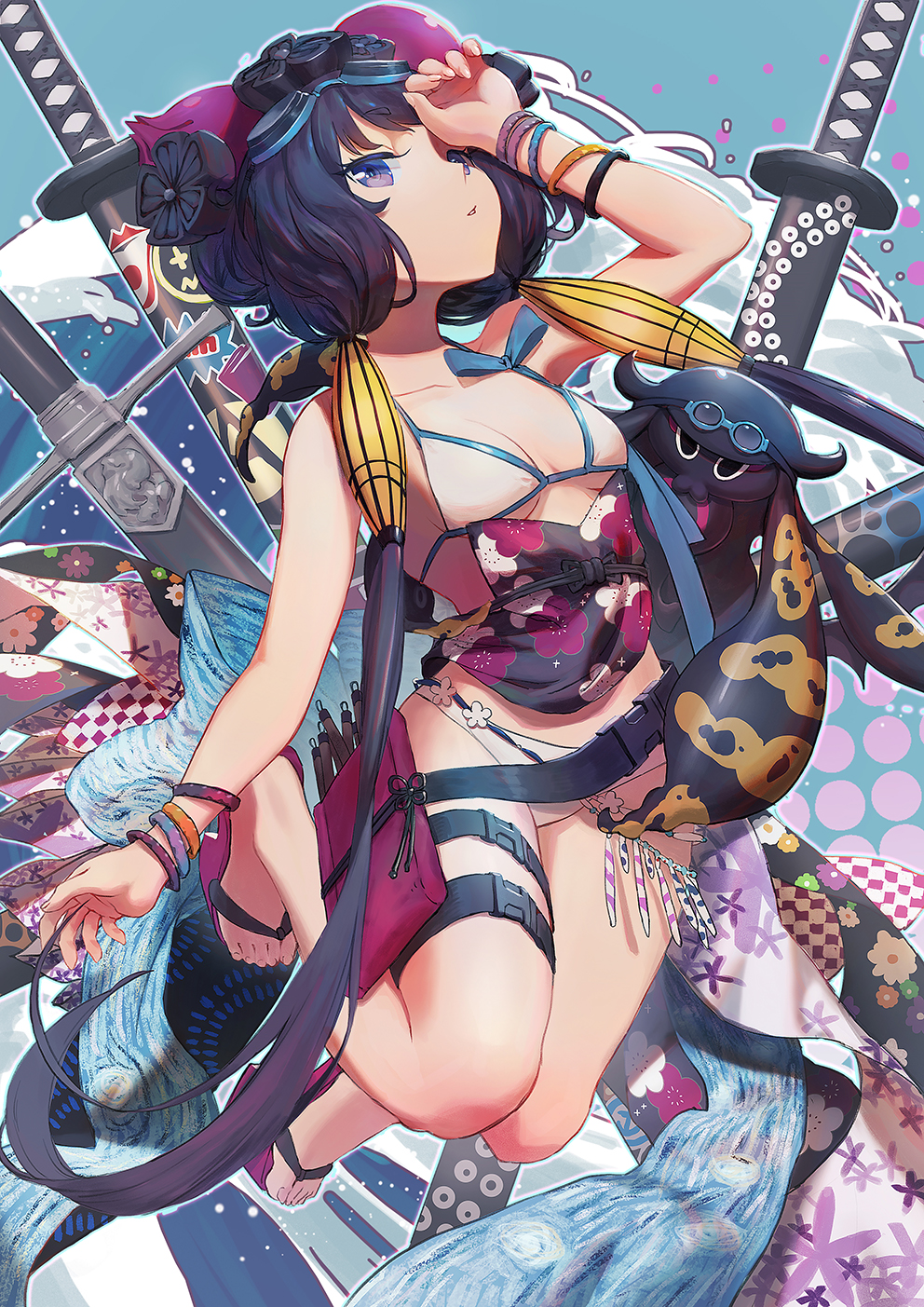 1girl, belt, bikini, black_footwear, black_hair, bow, bracelet, breasts