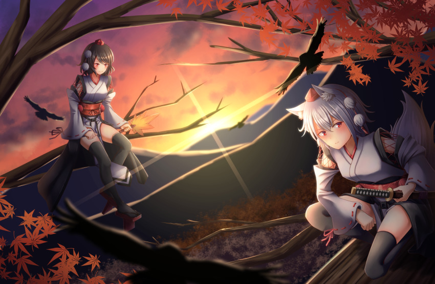 2girls, animal_ears, autumn_leaves, bird, black_hair, black_legwear, blurry, blush