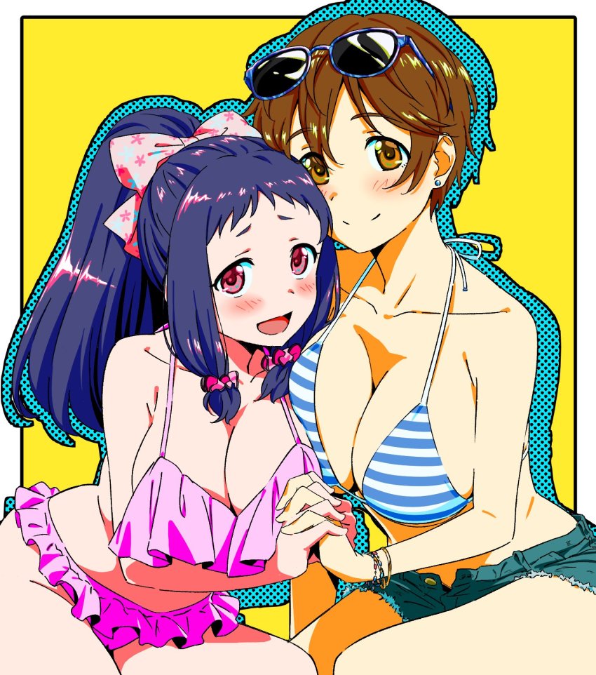 2girls, bikini, bikini_top_only, blush, bracelet, breasts, brown_hair, cleavage