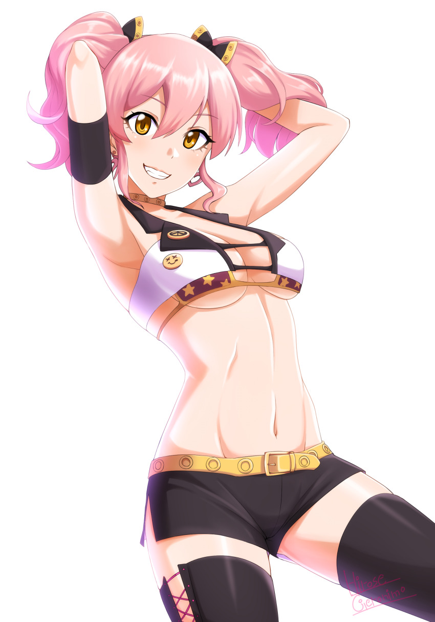 1girl, absurdres, arm_strap, armpits, arms_up, black_bow, black_shorts, black_thighhighs, bow, breasts, cleavage, collarbone, cowboy_shot, female_focus, grin, groin, hair_between_eyes, hair_bow, hands_in_own_hair, highres, hirose_geronimo, idolmaster, idolmaster_cinderella_girls, jougasaki_mika, long_hair, looking_at_viewer, medium_breasts, midriff, navel, pink_hair, short_shorts, shorts, side_slit, simple_background, smile, solo, standing, stomach, thighhighs, twintails, underboob, white_background, yellow_eyes, zettai_ryouiki