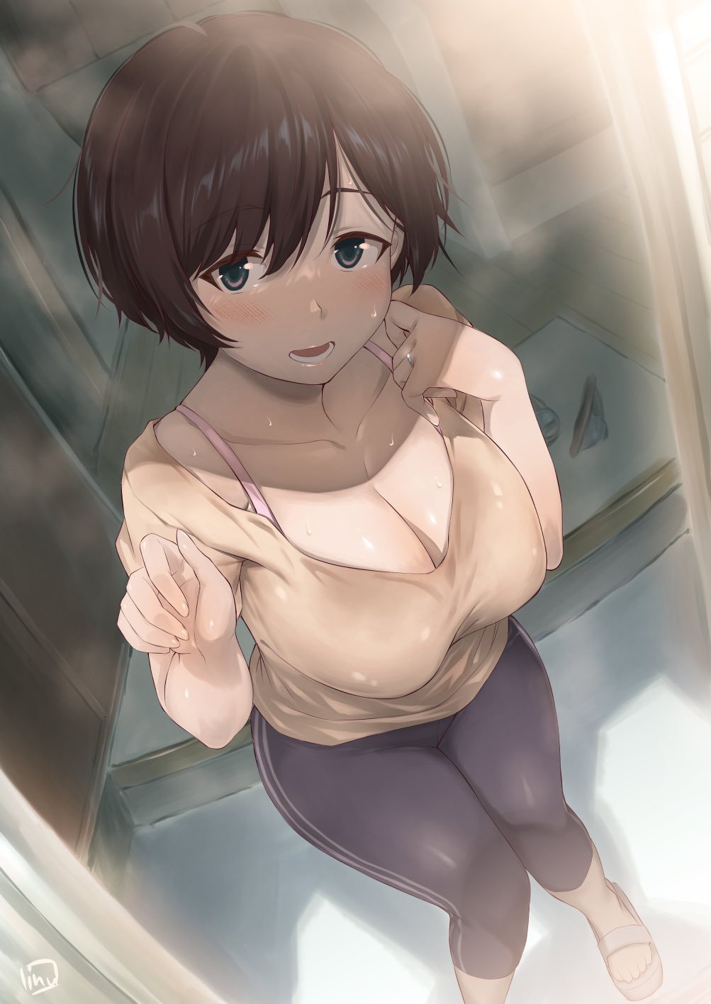 1girl, black_hair, blue_eyes, blush, bra_strap, breasts, cleavage, collarbone