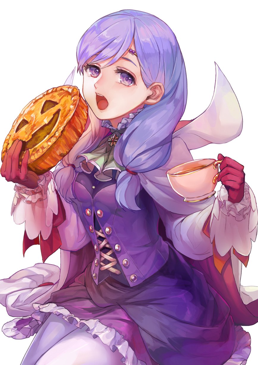 breasts, buttons, cake, cape, circlet, cup, dress, eating