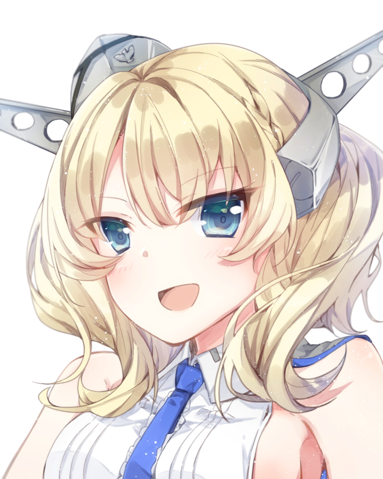 1girl, bare_shoulders, blonde_hair, blue_eyes, blue_necktie, blush, braid, breasts