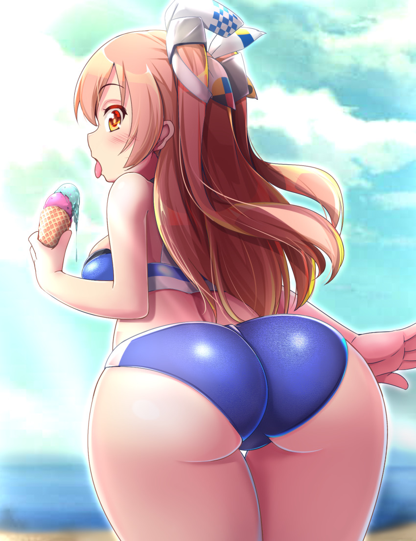 1girl, ass, beach, bikini, blue_sky, blush, breasts, brown_eyes, day, female_focus, food, highres, huge_ass, ice_cream, johnston_(kancolle), johnston_kai_(swimsuit)_(kancolle), kantai_collection, kurokoshou_(emuburemu123), light_brown_hair, long_hair, looking_back, medium_breasts, outdoors, sky, solo, swimsuit, thick_thighs, thighs, tongue, tongue_out, wide_hips, yellow_eyes