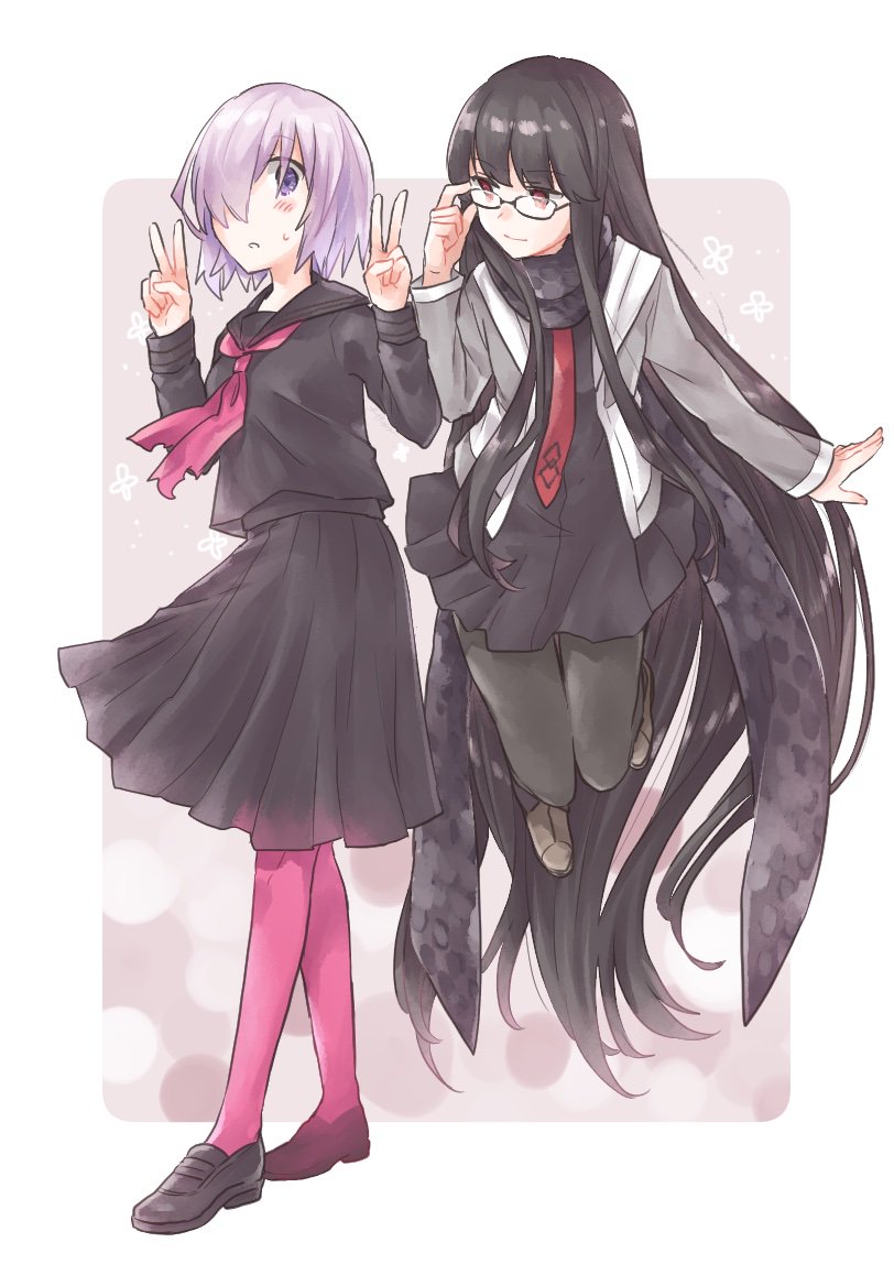 2girls, black_hair, cosplay, costume_switch, double_v, fate/grand_order, fate_(series), glasses, hair_over_one_eye, long_hair, mash_kyrielight, mikan_tabetai, multiple_girls, necktie, oryou_(fate), pantyhose, pink_legwear, purple_hair, sailor_collar, scarf, v, very_long_hair