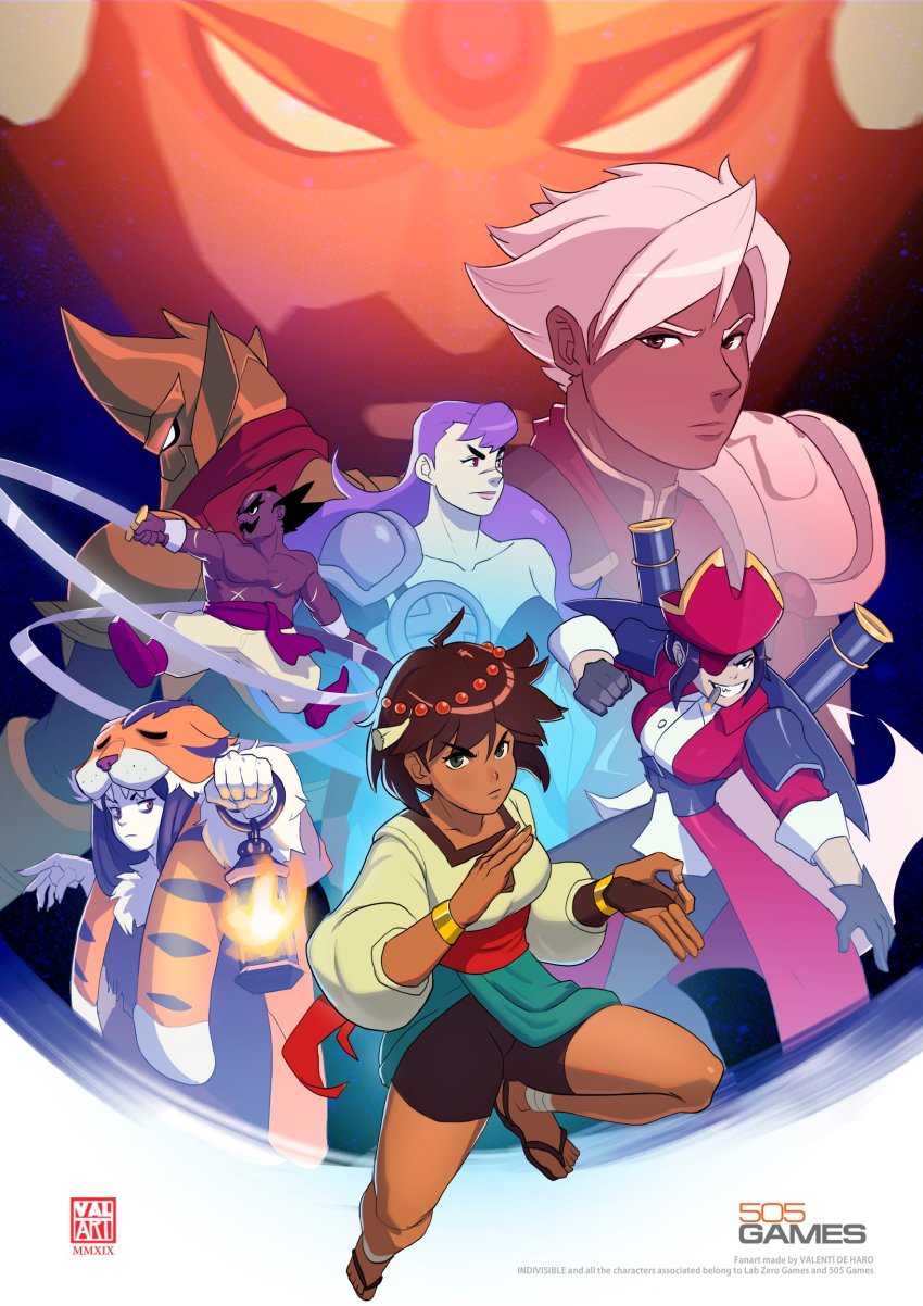 3boys, 4girls, absurdres, ajna_(indivisible), ankle_wrap, armor, artist_logo, artist_name