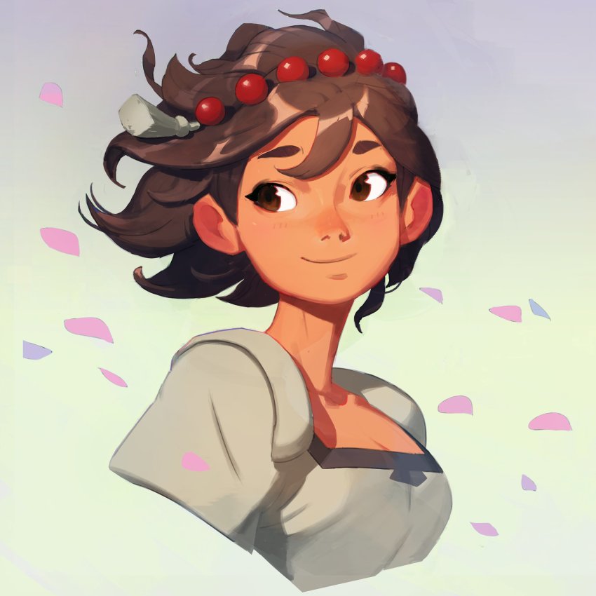 1girl, absurdres, ajna_(indivisible), beads, brown_eyes, brown_hair, closed_mouth, commentary, cropped_torso, dark-skinned_female, dark_skin, english_commentary, female_focus, hair_ornament, highres, indivisible, jewelry, looking_at_viewer, petals, portrait, samuelyounart, shirt, short_hair, smile, solo, white_shirt, wind