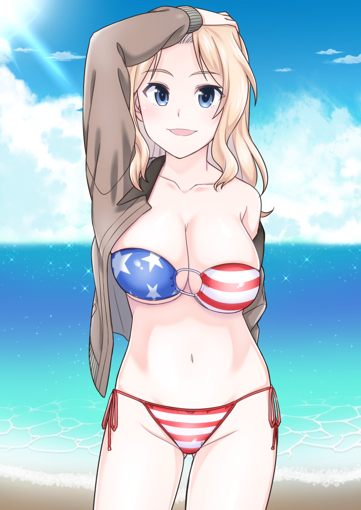 1girl, american_flag, american_flag_bikini, american_flag_print, bikini, blonde_hair, blue_eyes, blue_sky