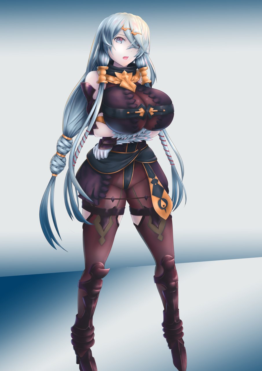 1girl, arm_under_breasts, arms_under_breasts, atelier_(series), atelier_ryza, atelier_ryza_1, bare_shoulders, black_nails, bodysuit, breasts, brown_bodysuit, cleavage, crossed_bangs, ellezion, hair_ornament, hairclip, heterochromia, highres, hood, hooded_vest, hoodie, huge_breasts, large_breasts, lila_decyrus, long_hair, low_twintails, nail_polish, open_mouth, pale_skin, silver_hair, twintails, vest