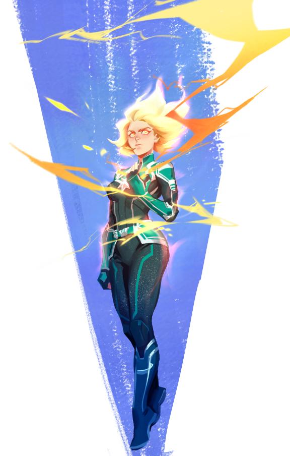1girl, blonde_hair, bodysuit, boots, captain_marvel_(marvel), captain_marvel_(movie), carol_danvers, female_focus, fiery_hair, floating, floating_hair, glowing, glowing_eyes, glowing_hair, marvel, pukun, solo, superhero_costume, yellow_eyes