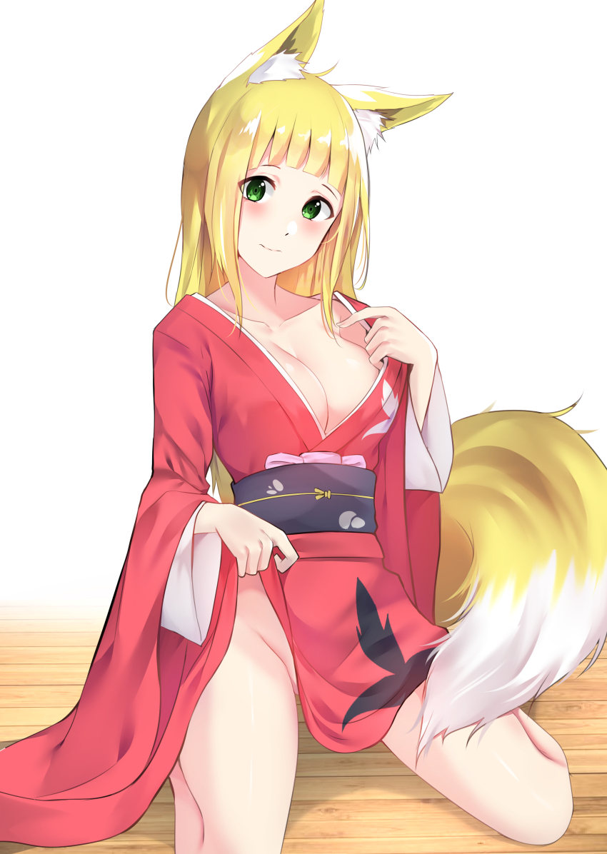 1girl, absurdres, animal_ears, blonde_hair, blunt_bangs, breasts, cleavage, closed_mouth