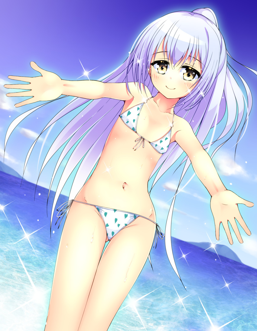 1girl, bikini, blue_hair, blue_sky, blush, closed_mouth, cloud, collarbone, day, dutch_angle, female_focus, flat_chest, flower_knight_girl, gluteal_fold, hair_between_eyes, heart_bikini, highres, long_hair, looking_at_viewer, navel, outdoors, outstretched_arms, ponytail, shirotaegiku_(flower_knight_girl), side-tie_bikini_bottom, sky, smile, solo, standing, swimsuit, whether