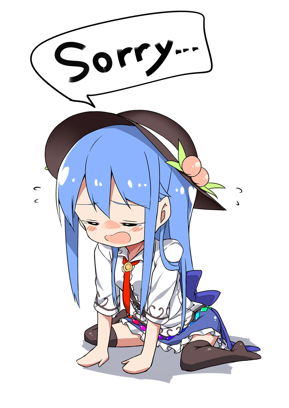 1girl, arm_support, black_headwear, black_thighhighs, blue_hair, blue_skirt, blush, chibi