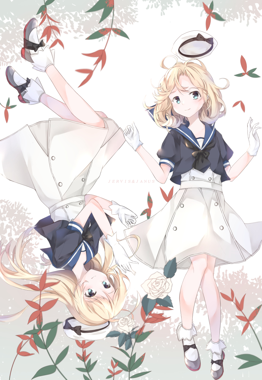 2girls, absurdres, black_neckwear, blonde_hair, blue_eyes, blue_sailor_collar, dress, full_body, gloves, hat, highres, janus_(kancolle), jervis_(kancolle), kantai_collection, leaf, long_hair, looking_at_viewer, mary_janes, multiple_girls, sailor_collar, sailor_dress, sailor_hat, shoes, short_hair, short_sleeves, upside-down, white_dress, white_gloves, white_headwear, yuki_star