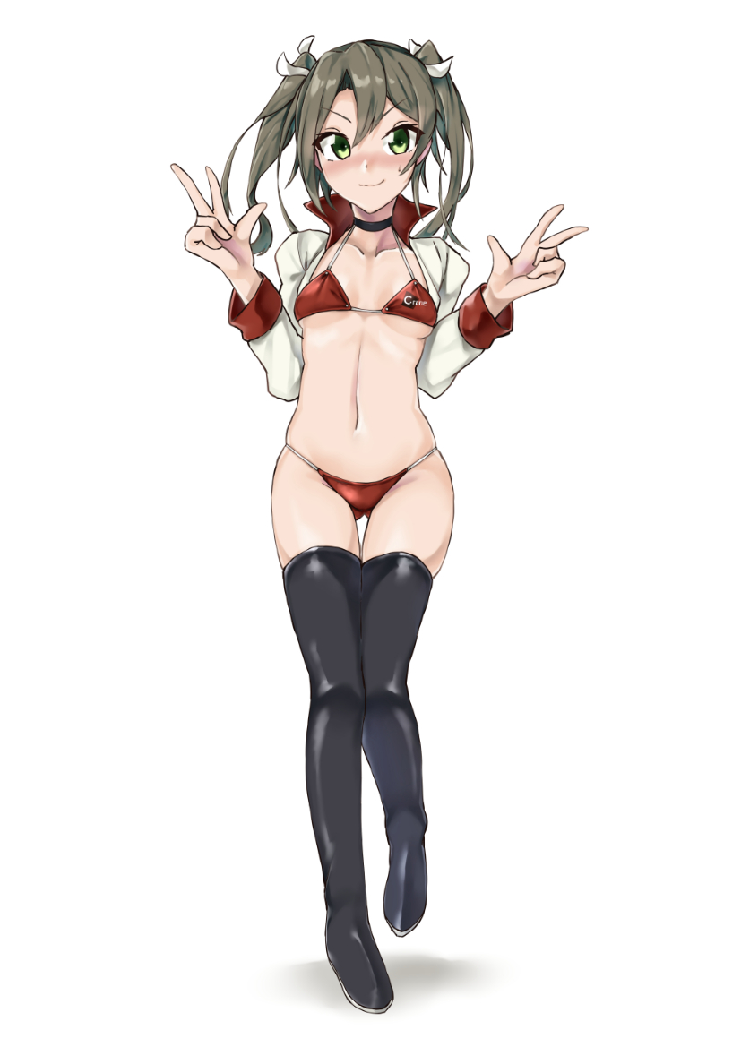1girl, alternate_costume, asake_ameji, bikini, black_thighhighs, breasts, commentary_request, cropped_jacket