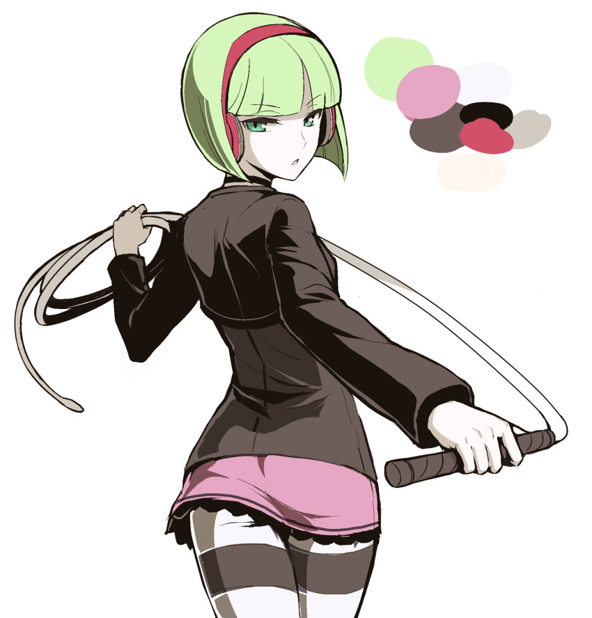 1girl, ass, choker, color_guide, female_focus, flat_ass, from_behind, green_eyes