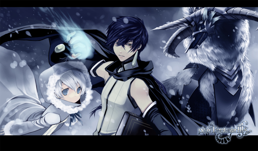 bad_id, bad_pixiv_id, bare_shoulders, black_hair, cape, griffin, griffon, highres, hood, kirino_kasumu, pixiv_fantasia, pixiv_fantasia_3, scarf, shunmin, snow, white_hair