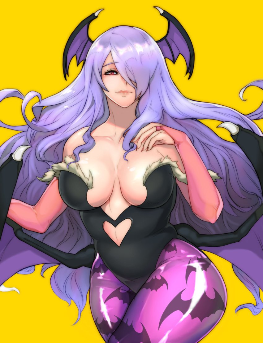 1girl, alex_(cerealex), animal_print, bare_shoulders, bat_(animal), bat_print, breasts, bridal_gauntlets, camilla_(fire_emblem), cleavage, closed_mouth, collarbone, commentary, cosplay, feather_trim, fingernails, fire_emblem, fire_emblem_fates, fire_emblem_heroes, hair_over_one_eye, hand_up, head_wings, highleg, highleg_leotard, highres, large_breasts, leotard, lips, long_hair, morrigan_aensland, morrigan_aensland_(cosplay), nail_polish, nintendo, orange_background, pantyhose, purple_hair, red_eyes, red_nails, shiny_clothes, shiny_skin, simple_background, skin_tight, smile, strapless, strapless_leotard, darkstalkers, wings