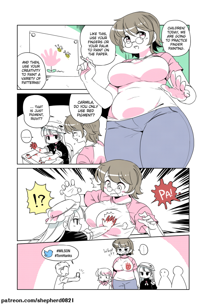 !?, ..., alternate_language, breasts, carmilla_(modern_mogal), comic, english_text, finger_painting, glasses, hashtag, hat, highres, large_breasts, limited_palette, monster_girl, multiple_boys, multiple_girls, original, painting_(action), painting_(object), patreon_username, plump, shepherd0821, short_hair, spoken_ellipsis, spoken_interrobang, twitter_logo, typo, vampire, wendy_(modern_mogal), zoey_(modern_mogal)