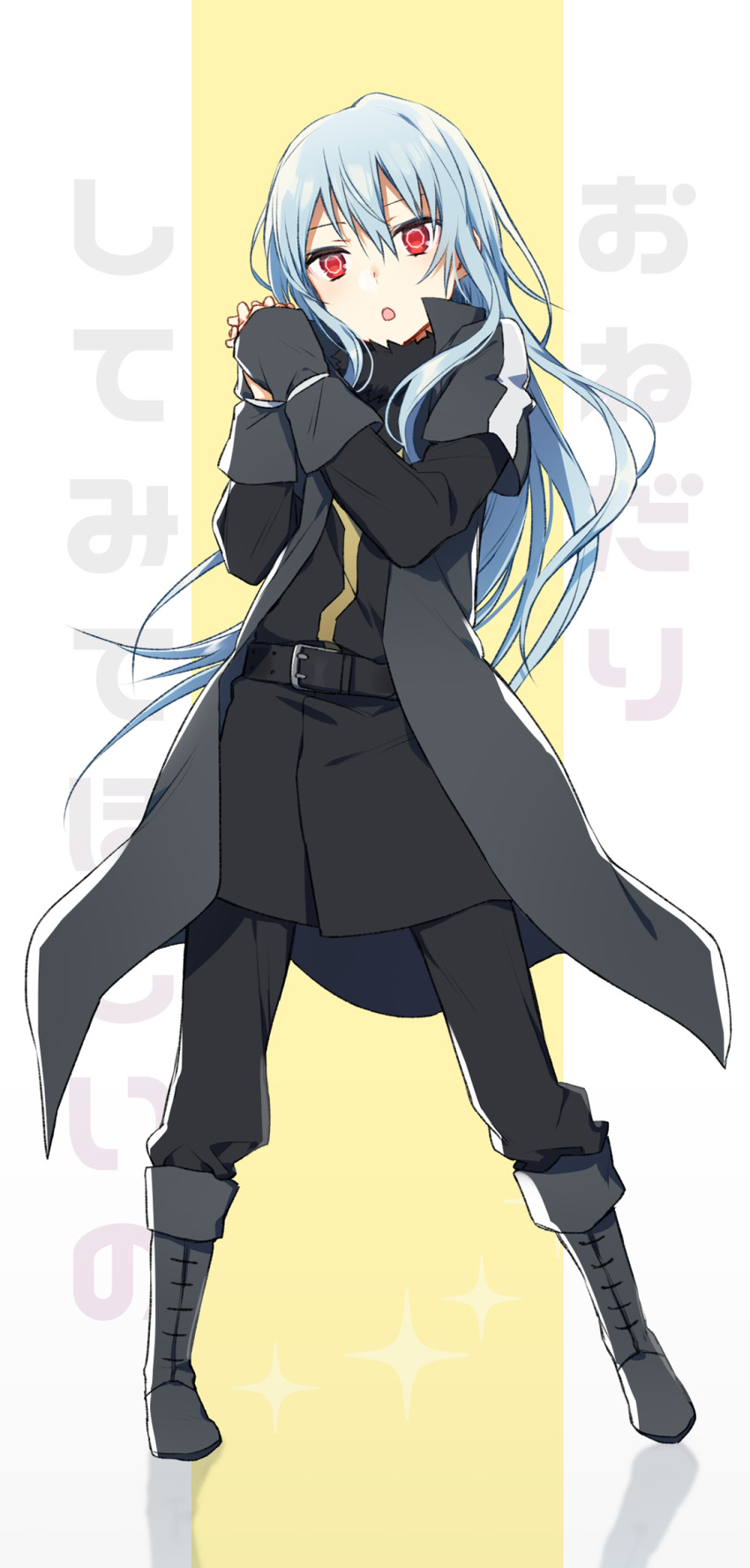 1other, :o, androgynous, black_boots, black_coat, black_pants, blue_hair, boots