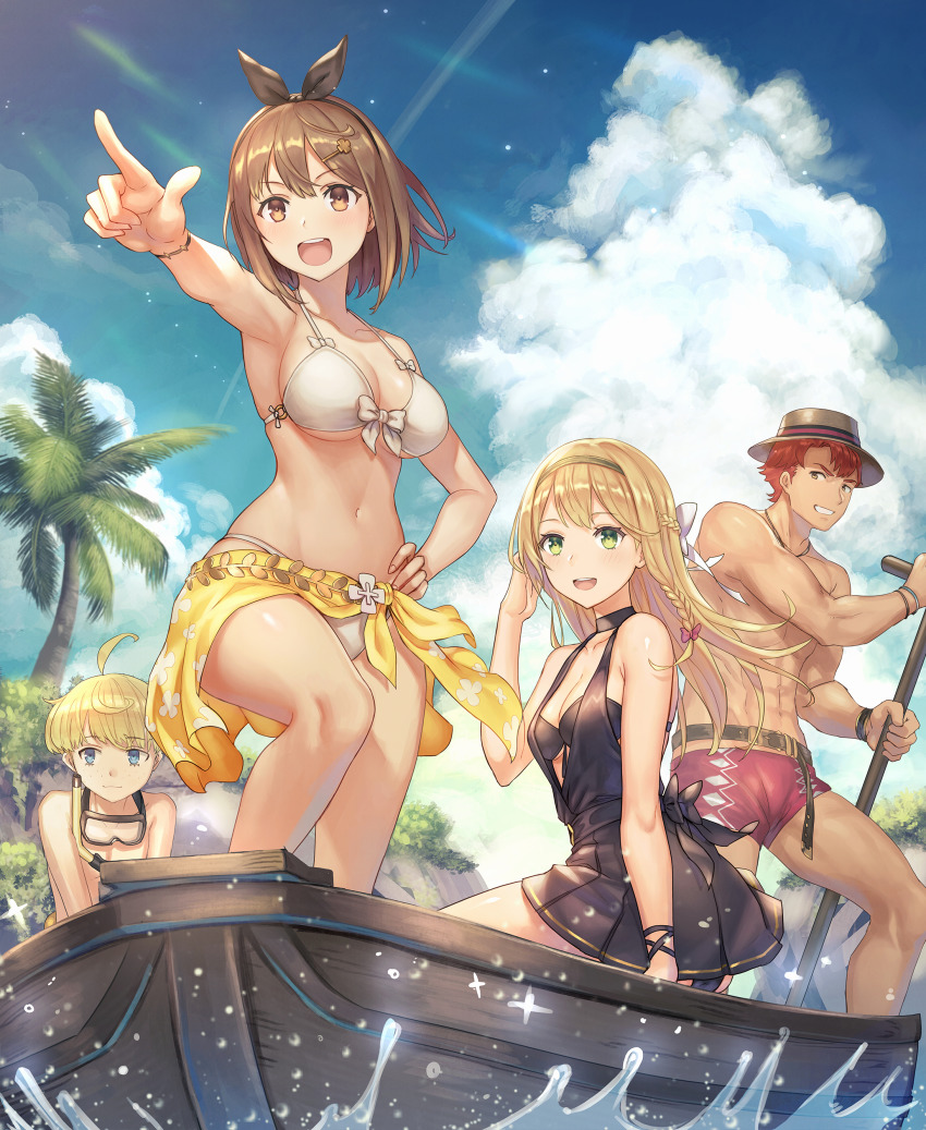 2boys, 2girls, absurdres, ahoge, anbe_yoshirou, atelier_(series), atelier_ryza, atelier_ryza_1, bikini, blonde_hair, blue_eyes, blue_sky, boat, bow, breasts, brown_eyes, brown_hair, cleavage, day, diving_mask, diving_mask_around_neck, goggles, goggles_around_neck, green_eyes, hair_bow, hair_ornament, hairband, hairclip, hat, highres, klaudia_valentz, klaudia_valentz_(elegant_mermaid), lent_marslink, lent_marslink_(muscle_volcano), male_swimwear, medium_breasts, multiple_boys, multiple_girls, navel, on_boat, open_mouth, pointing, red_hair, red_male_swimwear, red_swim_trunks, reisalin_stout, reisalin_stout_(sunlight_flower), sarong, sky, smile, stomach, swim_trunks, swimsuit, tao_mongarten, tao_mongarten_(captain_tao), watercraft