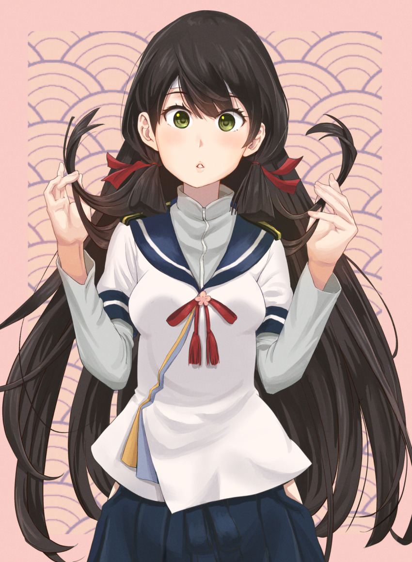 1girl, akashi_(kancolle), alternate_color, alternate_hair_color, bandana, black_hair, blue_skirt, clothing_cutout