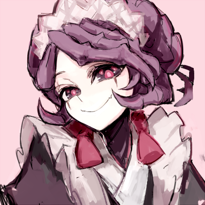 1girl, arthropod_girl, black_eyes, entoma_vasilissa_zeta, female_focus, looking_at_viewer, lowres, maid, maid_headdress, notoro, overlord_(maruyama), pink_background, purple_hair, simple_background, smile, solo