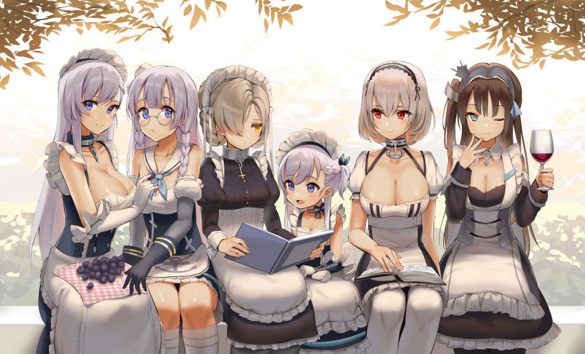 6+girls, absurdres, apron, azur_lane, bare_shoulders, belfast_(azur_lane), black_dress, black_gloves