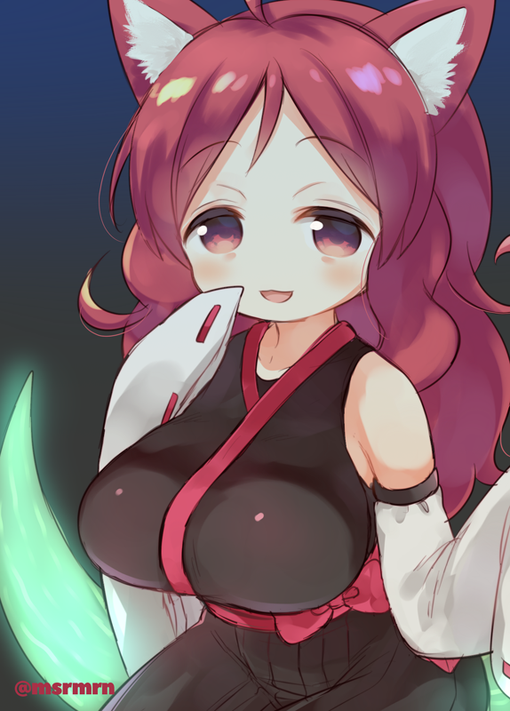 1girl, :d, ahoge, animal_ear_fluff, animal_ears, bad_id, bad_pixiv_id, bare_shoulders