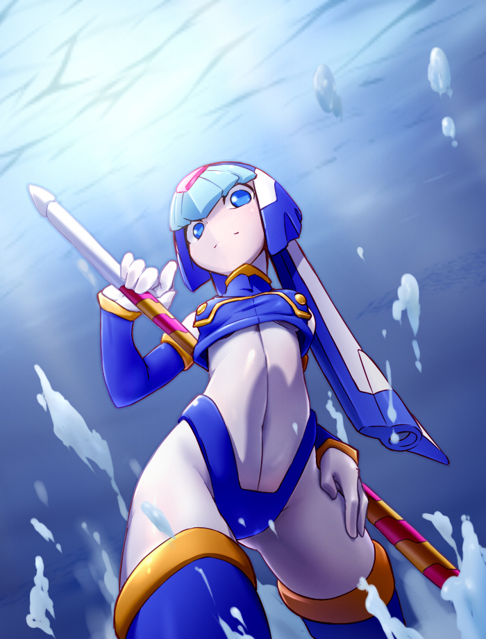 1girl, android, bingshan, blue_eyes, breasts, bubble, covered_navel, cowboy_shot, fairy_leviathan_(mega_man), female_focus, foam, gloves, hand_on_own_thigh, hand_on_thigh, head_tilt, helmet, holding, looking_at_viewer, looking_down, mega_man_(series), mega_man_zero_(series), polearm, qq438237232, small_breasts, solo, spear, thighhighs, underwater, weapon
