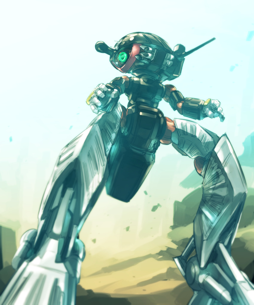 absurdres, from_below, green_eyes, gundam, highres, kato_takuji, looking_away, looking_to_the_side