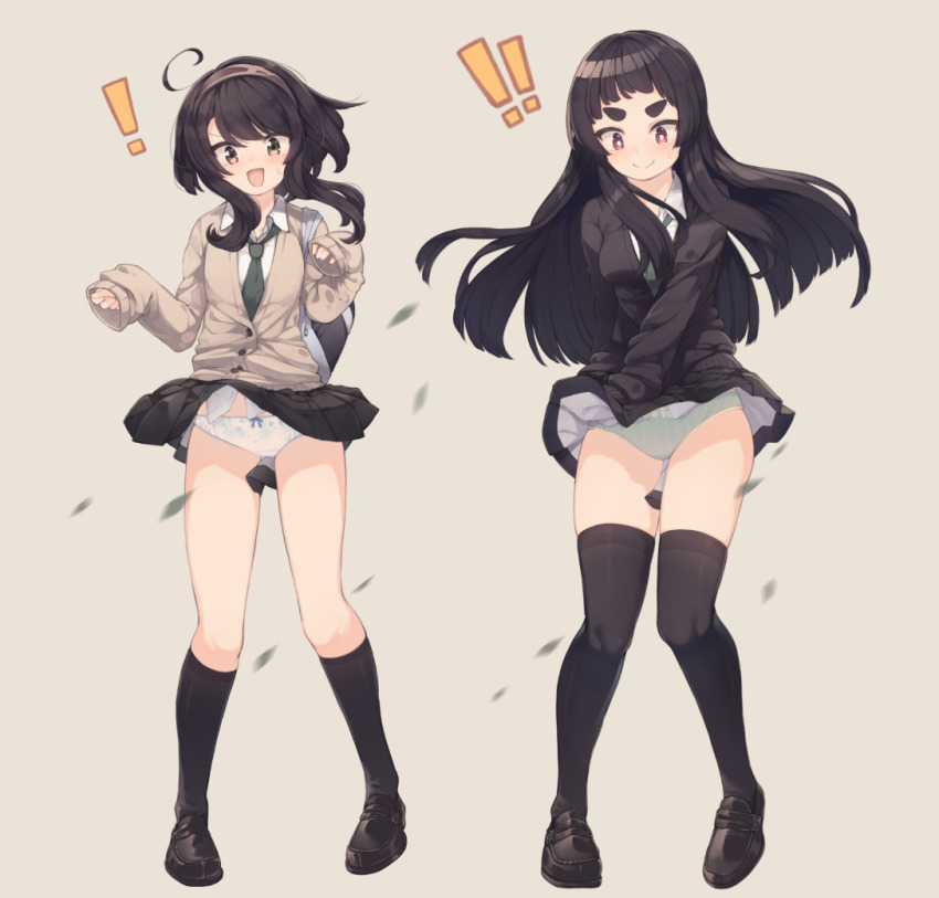 !, !!, 2girls, :d, ahoge, bag, black_cardigan, black_footwear