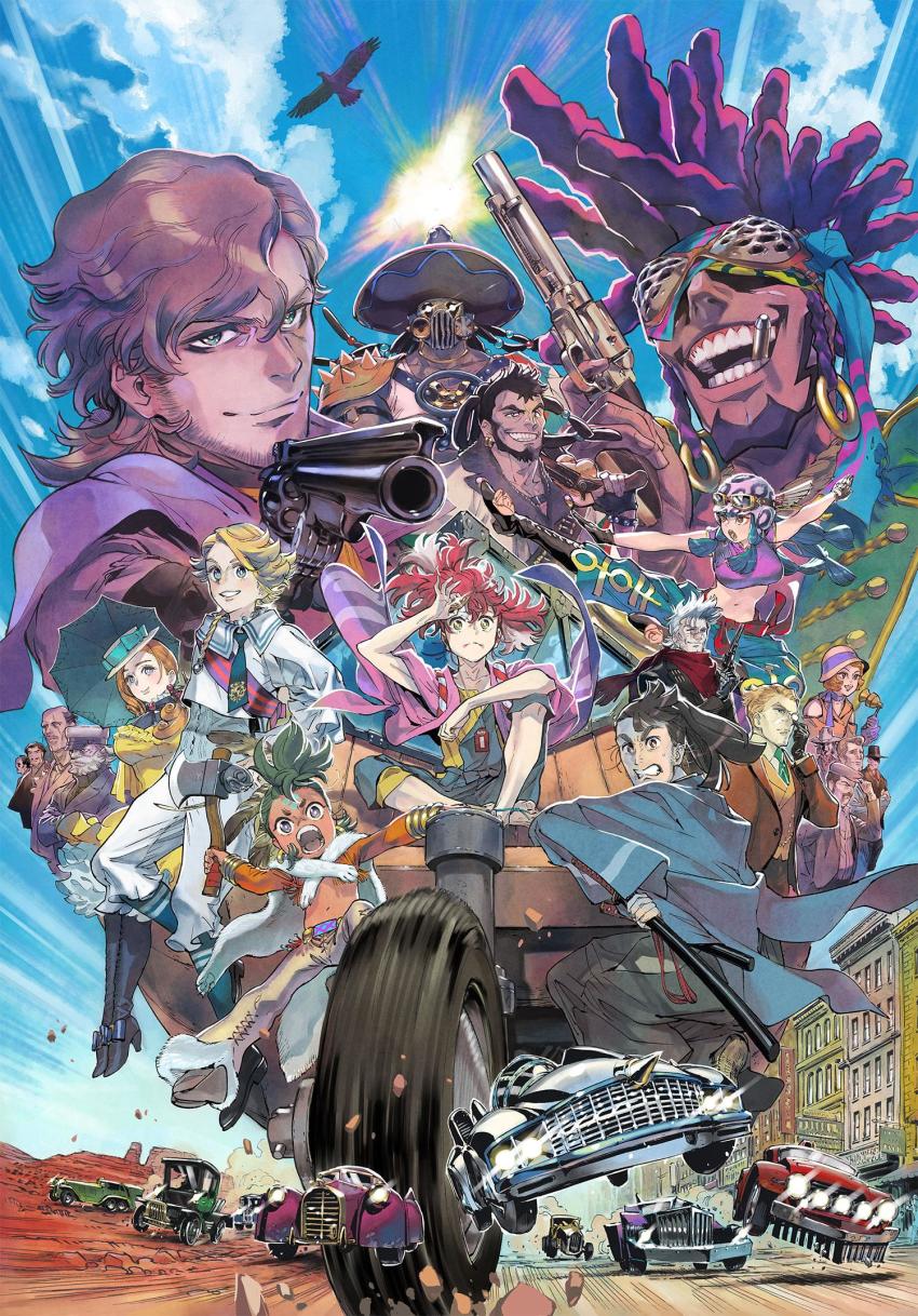 5girls, 6+boys, ahn_dongshik, al_lion, animal, appare-ranman!, arm_up, armor, artist_request, axe, bare_shoulders, beads, bird, black_eyes, black_footwear, black_gloves, black_hair, black_headwear, blonde_hair, blue_sky, blush, bow, bracelet, braid, brown_eyes, brown_gloves, brown_hair, brown_headwear, building, bullet, canyon, car, character_request, chase_the_bad, chinese_clothes, choker, city, closed_mouth, cloud, cloudy_sky, collarbone, day, dylan_g._oldin, earrings, facial_hair, fingerless_gloves, flying, formal_clothes, frilled_sleeves, frills, fur_trim, gem, gil_t._cigar, glasses, gloves, glowing, glowing_eyes, goggles, goggles_on_headwear, green_bow, green_eyes, green_hair, green_neckwear, grey_eyes, gun, handgun, hat, highres, holding, holding_axe, holding_gun, holding_sword, holding_weapon, hototo, isshiki_kosame, japanese_clothes, jewelry, jing_xia_lian, katana, kicking, kuroda_(appare-ranman!), lens_flare, light_rays, long_hair, lower_teeth_only, mask, medium_hair, motor_vehicle, multicolored_hair, multiple_boys, multiple_girls, mustache, navel, necktie, official_art, one_eye_closed, open_mouth, orange_eyes, outdoors, parted_lips, pauldrons, pelt, petticoat, pink_headwear, purple_choker, purple_gloves, purple_hair, purple_neckwear, purple_ribbon, racing, red_hair, red_neckwear, red_scarf, revolver, ribbon, ribbon_choker, richard_riesman, rock, sash, scabbard, scar, scar_across_eye, scar_on_face, scarf, seth_rich_carter, shaded_face, sheath, short_hair, shoulder_armor, sign, sitting, sky, smile, sofia_taylor, sombrero, sorano_appare, source_request, suit, sun, sweat, sword, teeth, three-wheeler, tj_(appare_ranman!), upper_teeth_only, weapon, white_hair, white_headwear, yellow_eyes