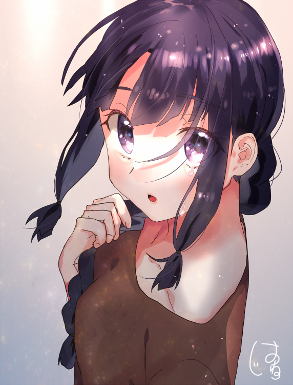 1girl, alternate_costume, black_eyes, black_hair, braid, breasts, brown_shirt, collarbone