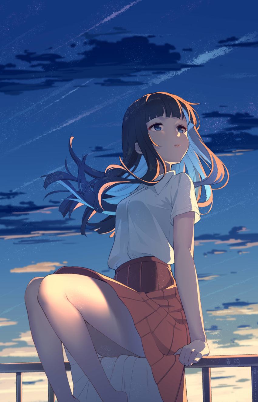 1girl, 779420, absurdres, black_hair, blue_eyes, blunt_bangs, closed_mouth, cloud, collared_shirt, contrail, female_focus, hair_blowing, highres, hime_cut, knees_together_feet_apart, knees_up, legs, on_railing, original, outdoors, pleated_skirt, railing, red_skirt, school_uniform, shirt, shirt_tucked_in, short_sleeves, signature, sitting, skirt, sky, solo, thighs, twilight, white_shirt
