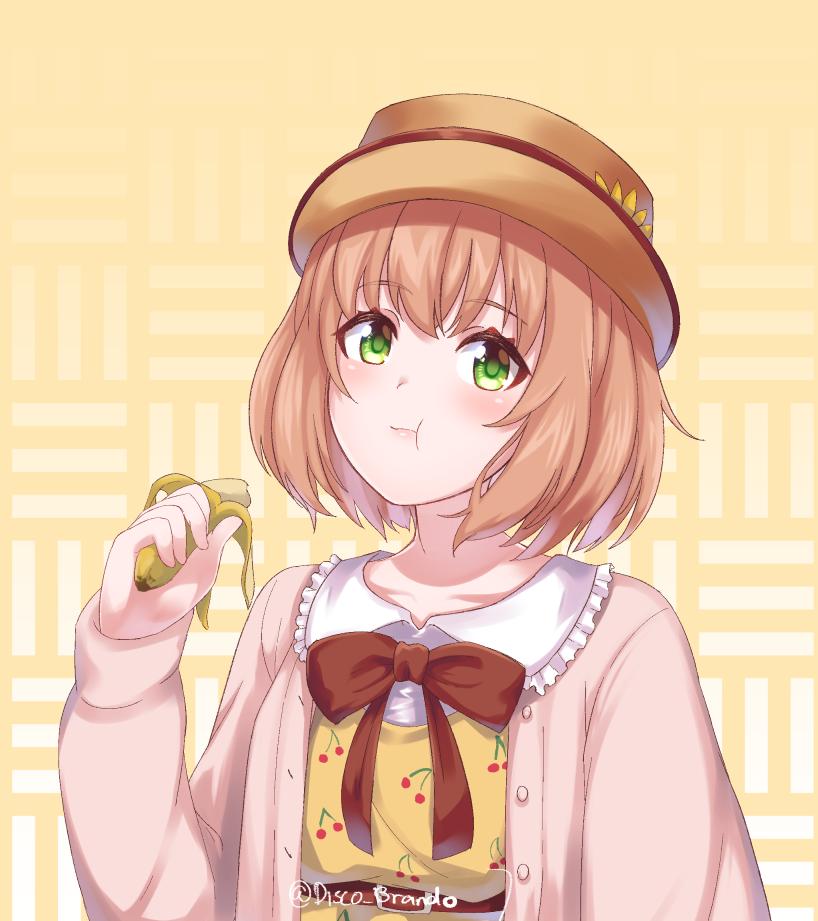 1girl, :t, alternate_costume, banana, belt, blush, bow, brown_hair