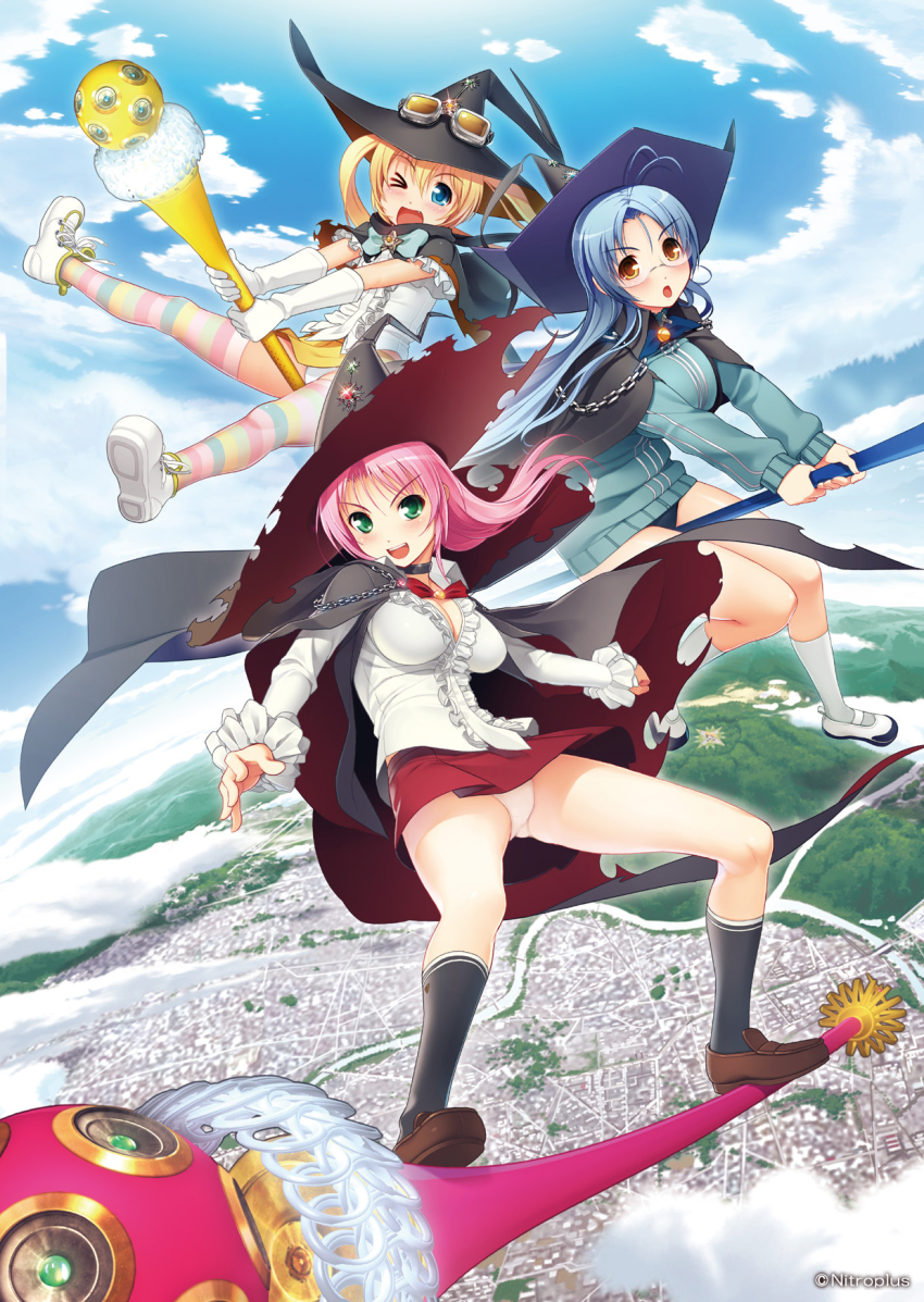 3girls, blonde_hair, blue_eyes, blue_hair, city, cloud, day, frills