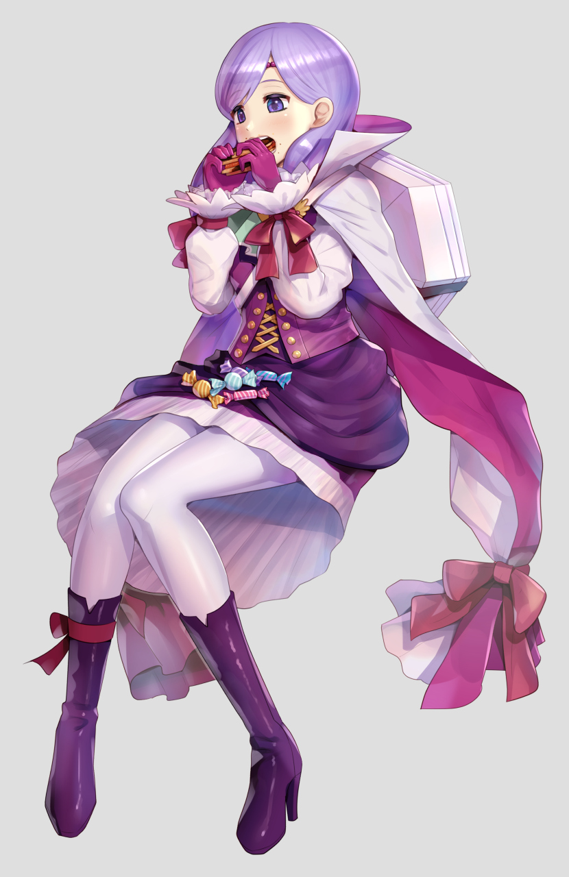 1girl, alternate_costume, boots, candy, cloak, coffin, corset, dress