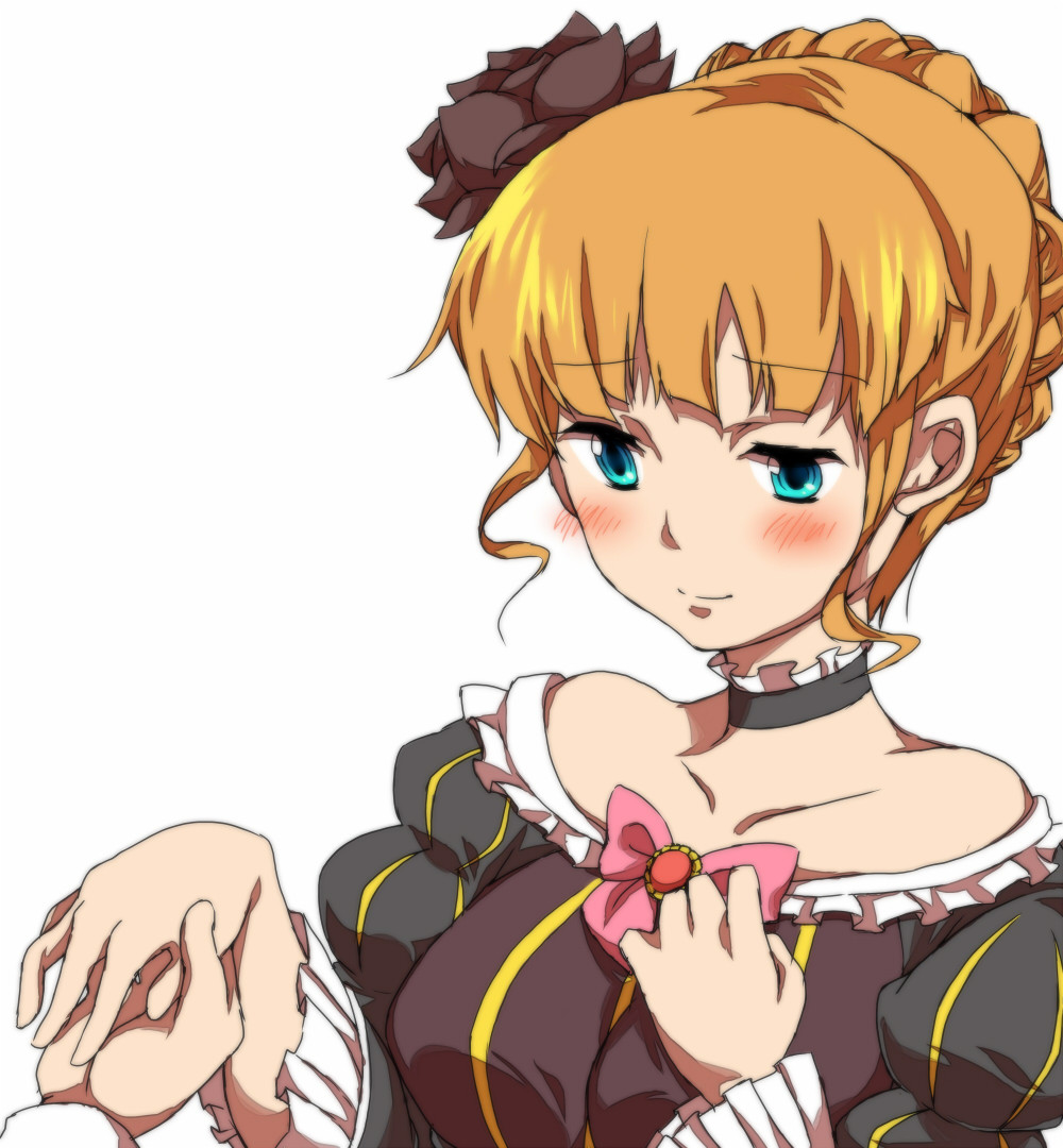 00s, 1girl, aqua_eyes, bare_shoulders, beatrice_(umineko), blonde_hair, blush, bow