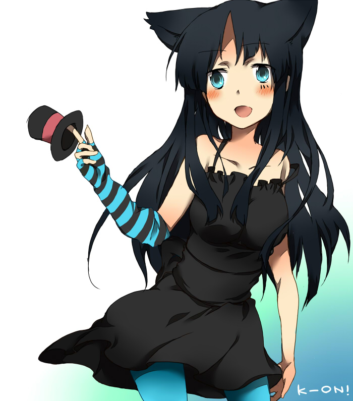 00s, 1girl, akiyama_mio, animal_ears, aqua_eyes, blue_pantyhose, blush, cat_ears