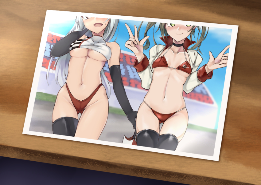 2girls, alternate_costume, asake_ameji, audience, bikini, black_legwear, blush, boots