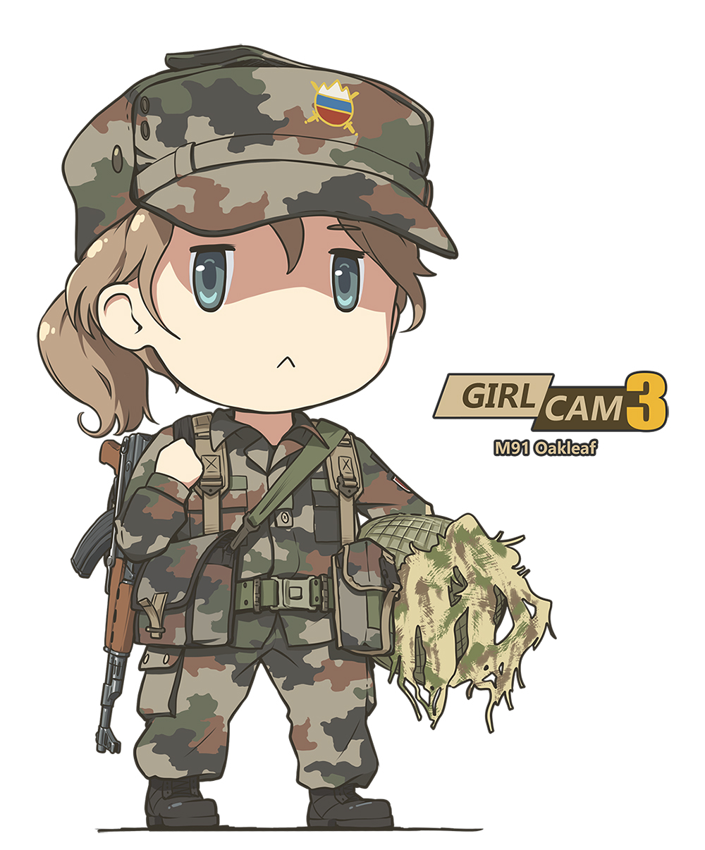 1girl, :<, ammunition_pouch, assault_rifle, black_footwear, blue_eyes, boots, brown_hair