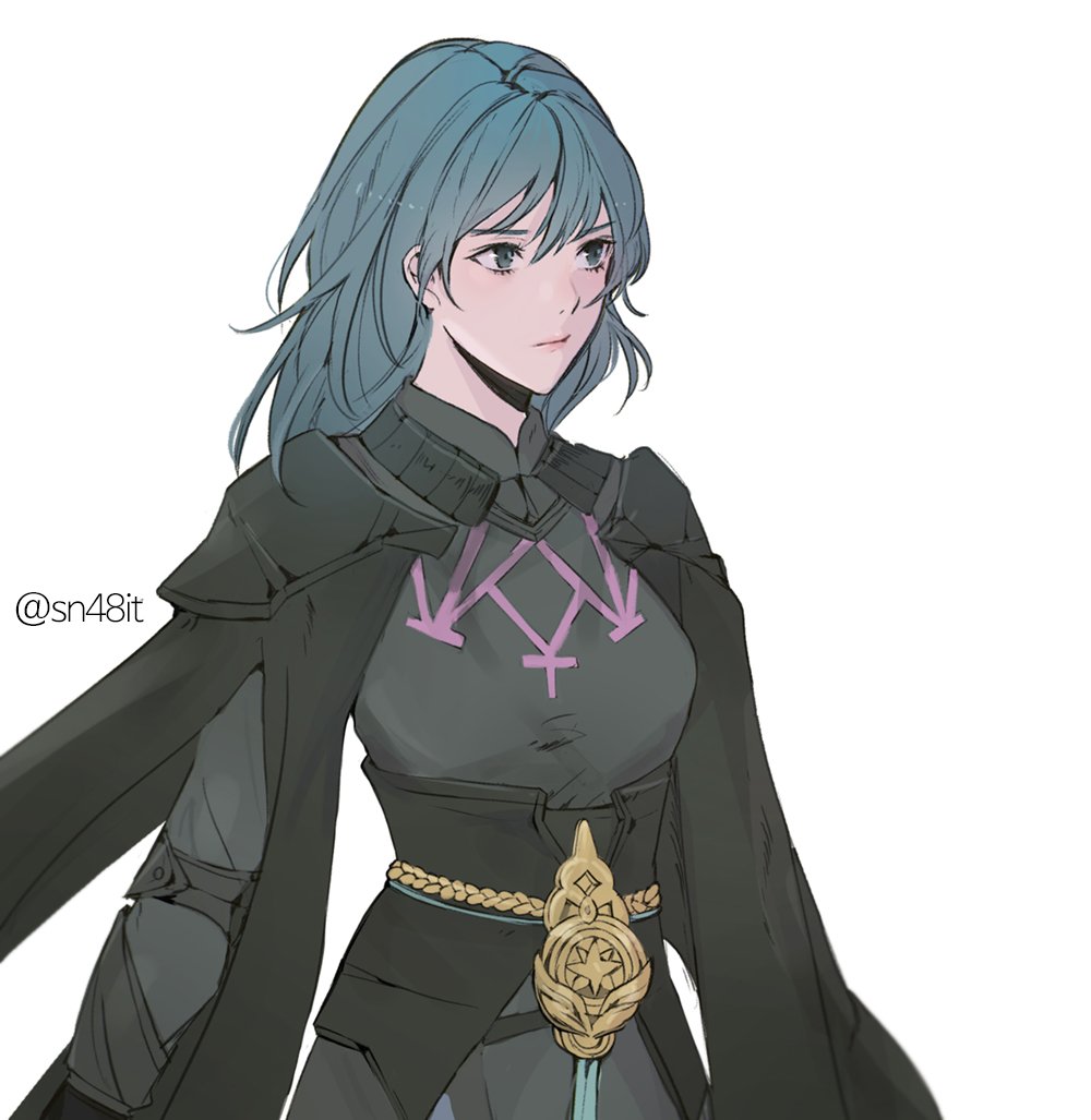 1girl, armor, black_armor, blue_eyes, blue_hair, closed_mouth, cosplay, crossdressing, crossdressing_(ftm), female_byleth_(fire_emblem), female_focus, fire_emblem, fire_emblem:_three_houses, hair_between_eyes, male_byleth_(fire_emblem), male_byleth_(fire_emblem)_(cosplay), matching_hair/eyes, medium_hair, nintendo, simple_background, sn48it, solo, twitter_username, upper_body, white_background