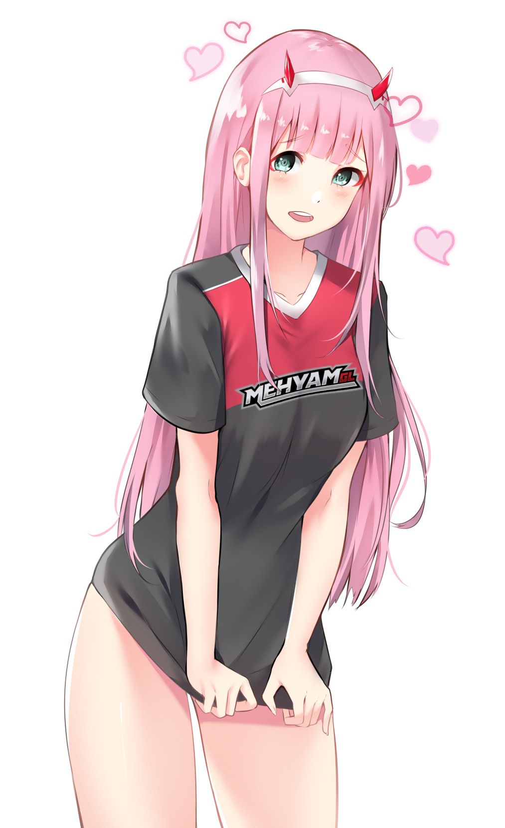 1girl, :d, black_shirt, blush, collarbone, commission, cowboy_shot, darling_in_the_franxx